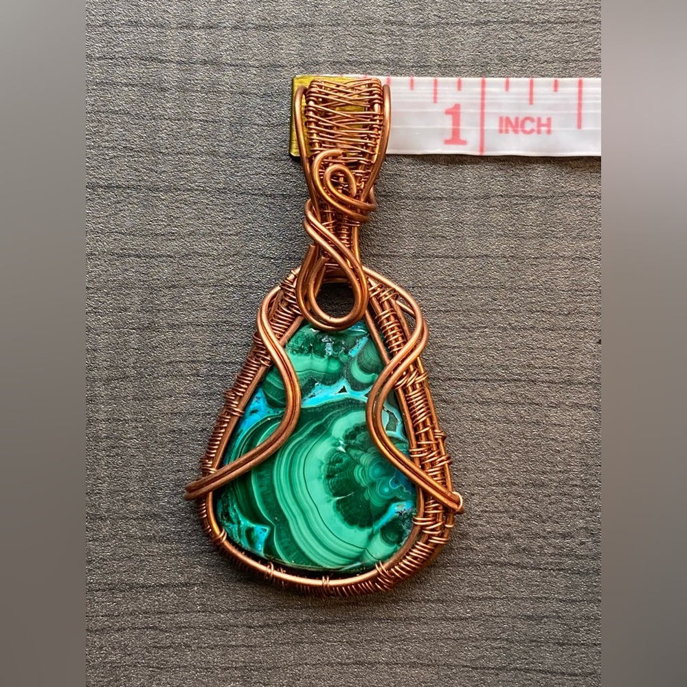 NWOT Genuine Malachite in Chrysocolla Gemstone, Copper Wire Wrap Pendant - Picture 12 of 16